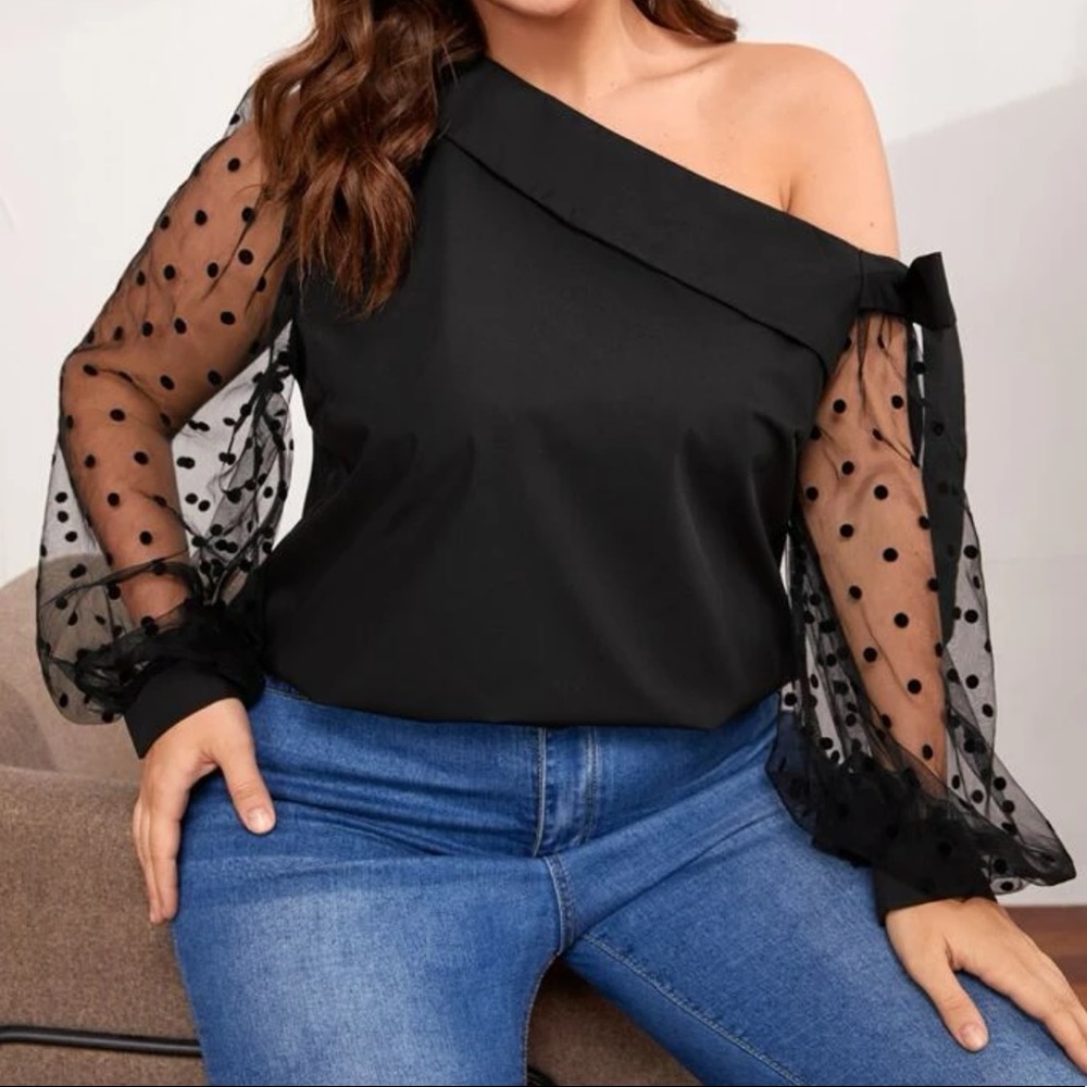 Black Plus Size Mesh Embroidery Peplum Top